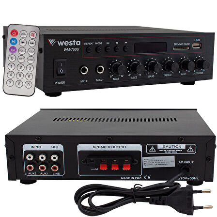 Westa WM-750U 80 Watt 100V-70V Mini Amplifikatör 4-16 Ohm USB-SD-Bluetooth 2 Mikrofon Girişli Trafolu Anfi Mixer Amfi