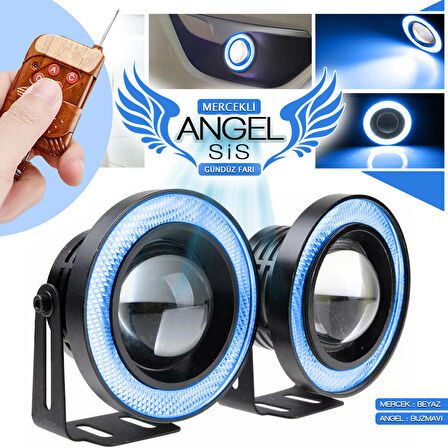 Mercekli Angel Led Halkalı Sis Far Su Geçirmez Buzmavi F1 Ahşap Kumandalı 89 MM