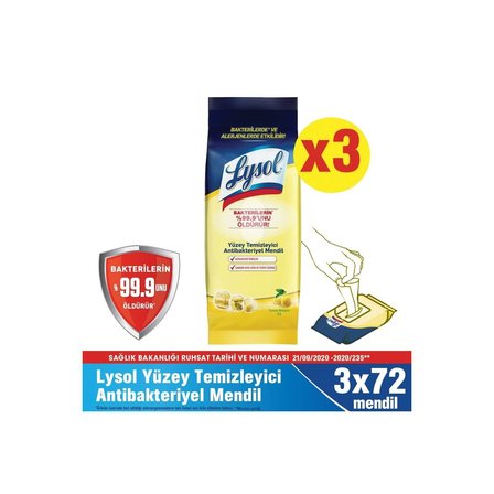 Yüzey Temizleyici Antibakteriyel Islak Mendil - Çamaşır Suyu Içermez - 3x72’li 216 Yaprak