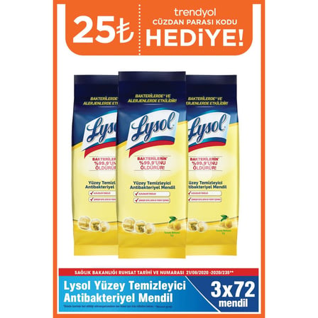 Yüzey Temizleyici Antibakteriyel Islak Mendil - Çamaşır Suyu Içermez - 3x72’li 216 Yaprak
