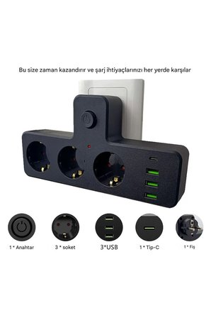 3'lü Termal Akım Korumalı Priz 3xUSB 1xType-C 20W PD Giriş