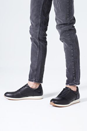 Hakiki Deri Erkek Spor Ayakkabı Bağcıklı Beyaz Taban Sneaker