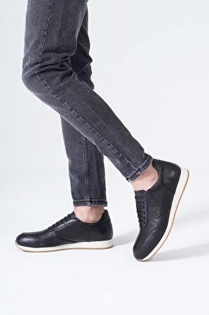 Hakiki Deri Erkek Spor Ayakkabı Bağcıklı Beyaz Taban Sneaker