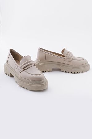 Hakiki Deri Kadın Kalın Tabanlı Tırtıklı Loafer Casual Ayakkabı