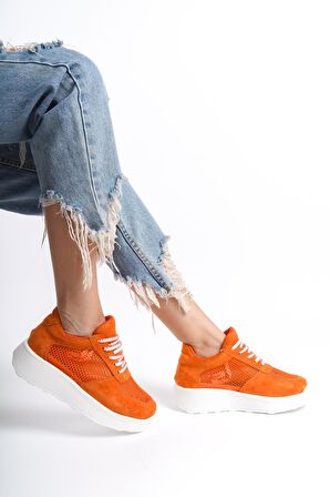 Kadın Kalın Taban File Detaylı Bağcıklı Rahat Spor Ayakkabı Sneaker