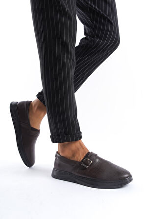 Erkek Hakiki Deri Önü Delikli Kemer Detaylı Günlük Rahat Taban Ayakkabı