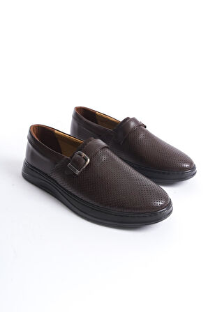 Erkek Hakiki Deri Önü Delikli Kemer Detaylı Günlük Rahat Taban Ayakkabı