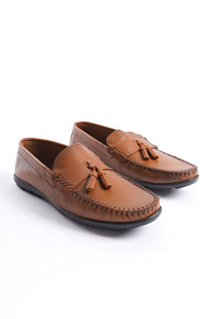 Erkek Hakiki Deri Önü Püskül Detaylı Rahat Hafif Taban Günlük Loafer Ayakkabı