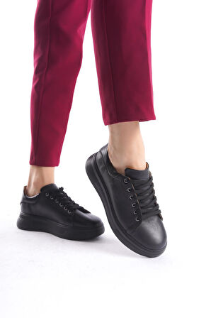Kadın Hakiki Deri Bağcıklı Sneaker Kalın Taban Tek Renk Günlük Spor Ayakkabı Sneaker