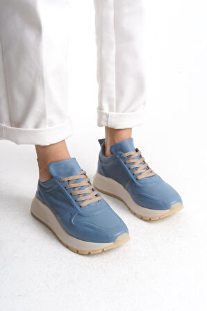 Kadın Hakiki Deri Renkli Sneaker Kalın Taban Bağcıklı Rahat Günlük Spor Ayakkabı Sneaker