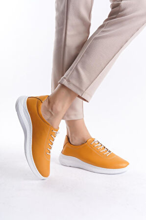 Kadın Hakiki Deri Kalın Taban Günlük Spor Ayakkabı Sneaker Bağcıklı Rahat Taban Ayakkabı