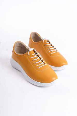 Kadın Hakiki Deri Kalın Taban Günlük Spor Ayakkabı Sneaker Bağcıklı Rahat Taban Ayakkabı