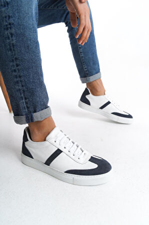 Erkek Hakiki Deri Sneaker Bağcıklı Günlük Yanı Şerit Detaylı Spor Ayakkabı