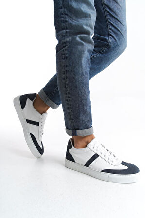 Erkek Hakiki Deri Sneaker Bağcıklı Günlük Yanı Şerit Detaylı Spor Ayakkabı