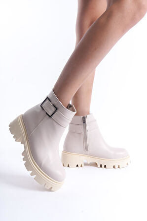 Kadın Fermuarlı Dekoratif Metal Toka Detaylı Kalın Taban Günlük Bot