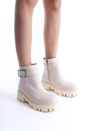 Kadın Fermuarlı Dekoratif Metal Toka Detaylı Kalın Taban Günlük Bot