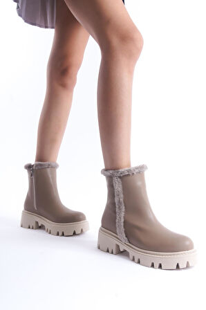 Kadın Fermuarlı Günlük Bot Kalın Tırtık Taban Kürk Detaylı Kışlık Ayakkabı