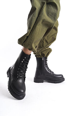 Kadın Kalın Tabanlı Günlük Postal Bot Bağcıklı Yuvarlak Burun Fermuarlı Bot