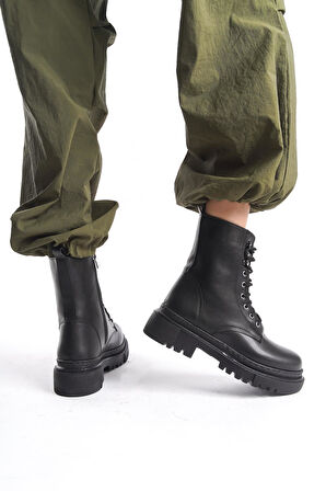 Kadın Kalın Tabanlı Günlük Postal Bot Bağcıklı Yuvarlak Burun Fermuarlı Bot