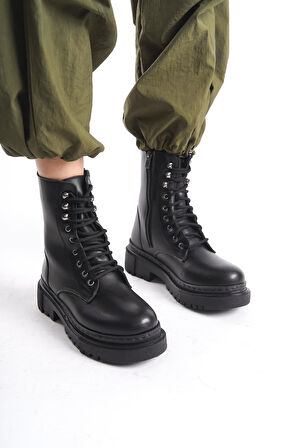 Kadın Kalın Tabanlı Günlük Postal Bot Bağcıklı Yuvarlak Burun Fermuarlı Bot