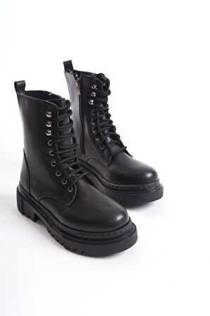 Kadın Kalın Tabanlı Günlük Postal Bot Bağcıklı Yuvarlak Burun Fermuarlı Bot