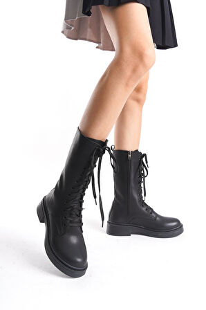 Kadın Düz Taban Orta Boy Çizme Bağcıklı Tam Kalıp Fermuarlı Günlük Çizme