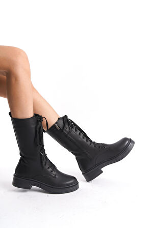Kadın Düz Taban Orta Boy Çizme Bağcıklı Tam Kalıp Fermuarlı Günlük Çizme