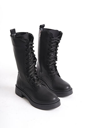 Kadın Düz Taban Orta Boy Çizme Bağcıklı Tam Kalıp Fermuarlı Günlük Çizme