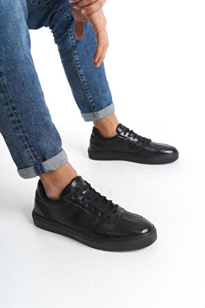 Erkek Hakiki Deri Sneaker Bağcıklı Günlük Yanı Şerit Detaylı Spor Ayakkabı