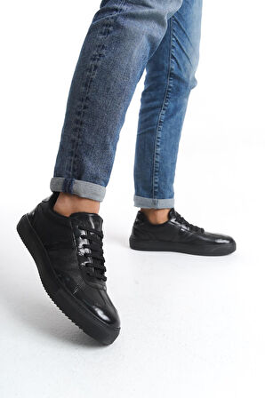 Erkek Hakiki Deri Sneaker Bağcıklı Günlük Yanı Şerit Detaylı Spor Ayakkabı