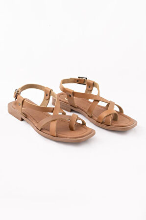 Hakiki Deri Kadın Parmak Arası Sandalet Çapraz Bantlı Rahat