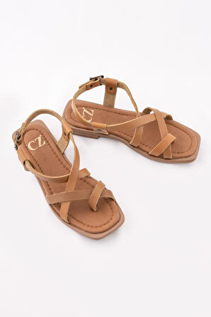 Hakiki Deri Kadın Parmak Arası Sandalet Çapraz Bantlı Rahat