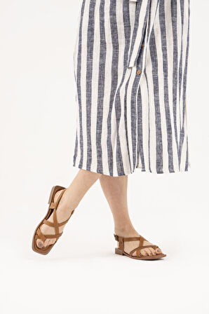 Hakiki Deri Kadın Parmak Arası Sandalet Çapraz Bantlı Rahat