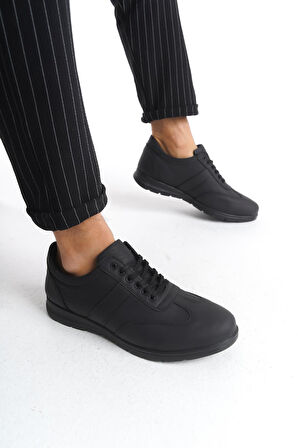 Erkek Hakiki Deri Siyah Sneaker Yanı Şerit Detaylı Rahat Taban Günlük Spor Ayakkabı