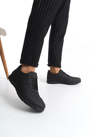 Erkek Hakiki Deri Siyah Sneaker Yanı Şerit Detaylı Rahat Taban Günlük Spor Ayakkabı