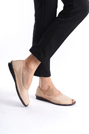 Kadın Hakiki Deri Düz Sandalet Burnu Açık Dikişli Tam Kalıp Kadın Topuksuz Günlük Sandalet