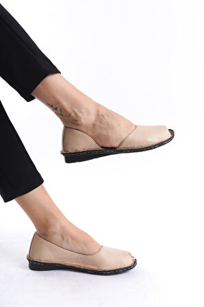 Kadın Hakiki Deri Düz Sandalet Burnu Açık Dikişli Tam Kalıp Kadın Topuksuz Günlük Sandalet