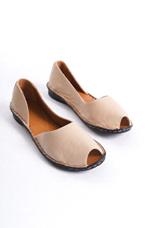 Kadın Hakiki Deri Düz Sandalet Burnu Açık Dikişli Tam Kalıp Kadın Topuksuz Günlük Sandalet