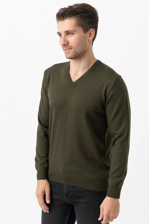 White Stone Treviso 2116 Slim Fit Pamuklu V Yaka Düz Triko Haki