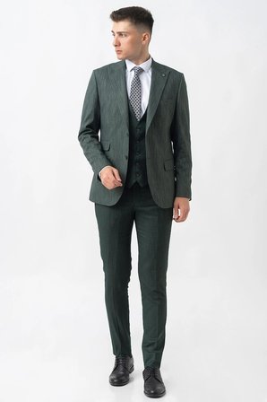 Yeşil Slim Fit Kalıp Yelekli Efektli Kumaş Kapaklı Çift Cep Detaylı Premium Takım Elbise