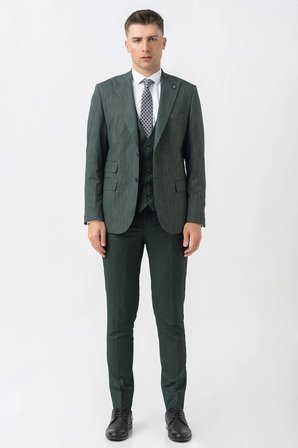 Yeşil Slim Fit Kalıp Yelekli Efektli Kumaş Kapaklı Çift Cep Detaylı Premium Takım Elbise