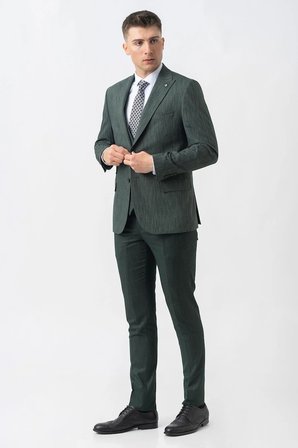 Yeşil Slim Fit Kalıp Yelekli Efektli Kumaş Kapaklı Çift Cep Detaylı Premium Takım Elbise