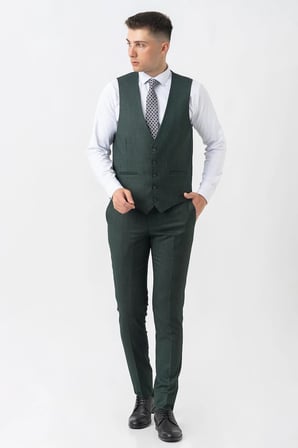 Yeşil Slim Fit Kalıp Yelekli Efektli Kumaş Kapaklı Çift Cep Detaylı Premium Takım Elbise