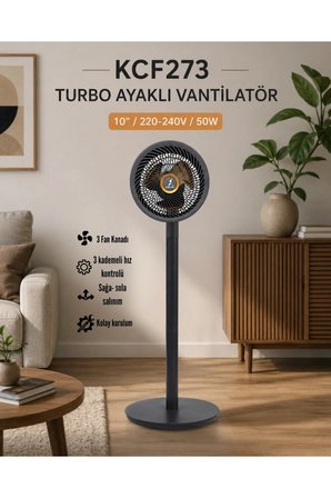 Vanti 10İnç(25cm) Turbo Fan Ayaklı Vantilatör 45W Metal Pervane 4 Hız Kademeli 60 Dakika Zaman Ayarlı KCF273