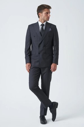Antrasit Uyumlu Beyaz İnce Çizgili Slim Fit Kalıp Kruvaze Premium Takım Elbise