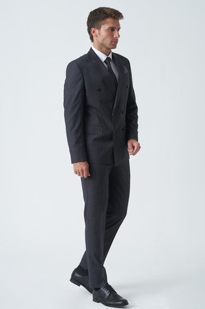 Antrasit Uyumlu Beyaz İnce Çizgili Slim Fit Kalıp Kruvaze Premium Takım Elbise