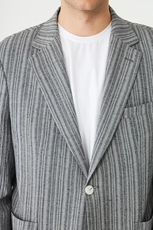 Gri Dokulu Çizgili Modern Kesim Şık Ceket