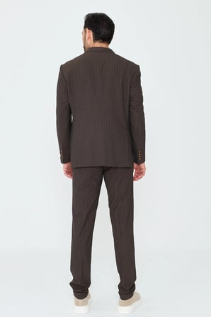 Kahverengi Çizgili 6 Drop Erkek Slim Fit Takım Elbise