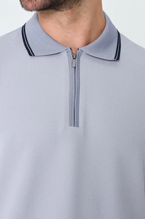 Açık Gri Fermuarlı Polo Yaka Erkek Tişört
