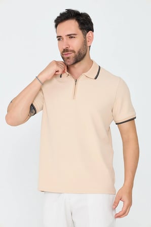 Bej Fermuarlı Erkek Polo Yaka Tişört